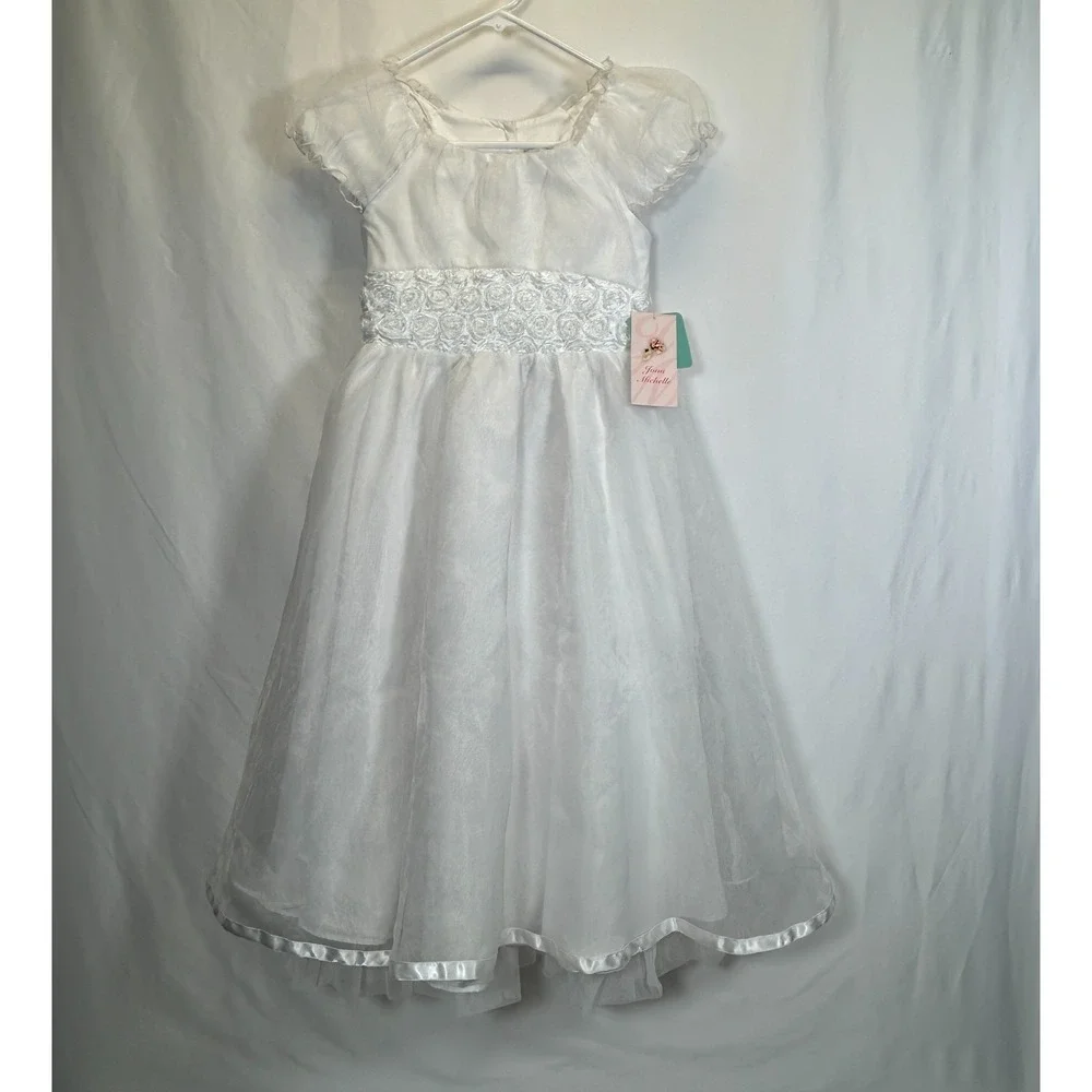 Jona Michelle Girls 8 White Formal Dress Wedding Flower Communion Tulle Roses